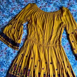 EarthBound BOHO Embroidery Long Sleeve Dress / Mustard Yellow / Large